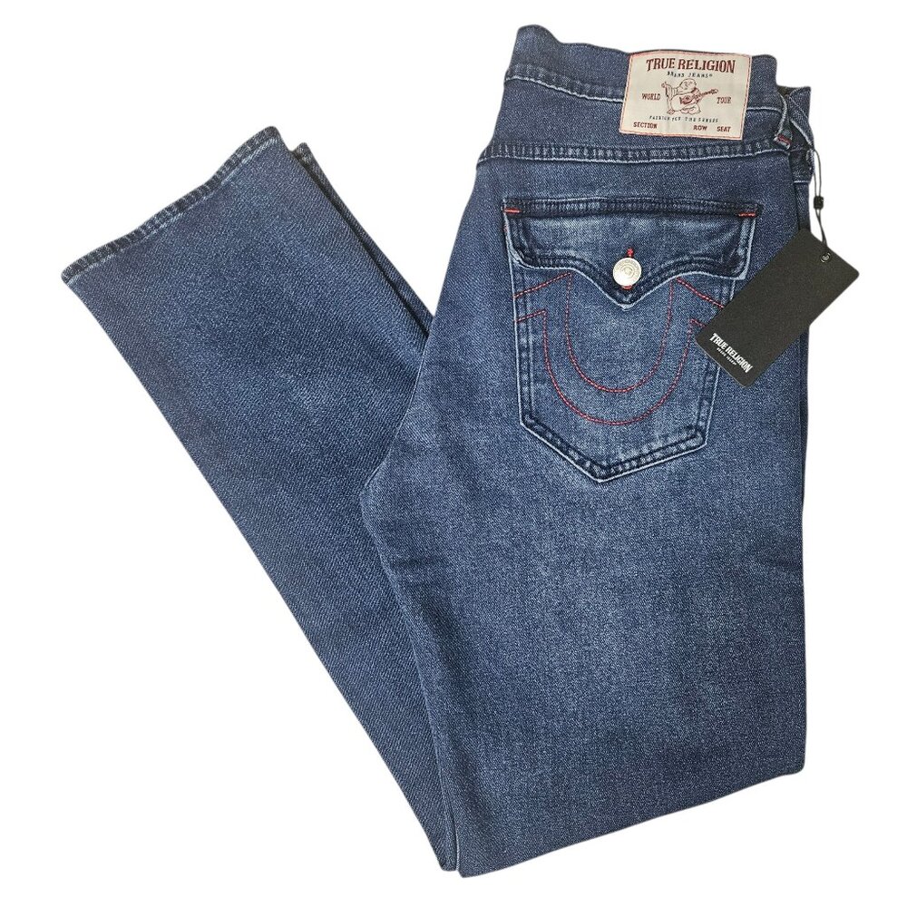 NWT TRUE RELIGION Men Ricky Relaxed Straight Jeans 33x34 Flap Pockets Red Stitch